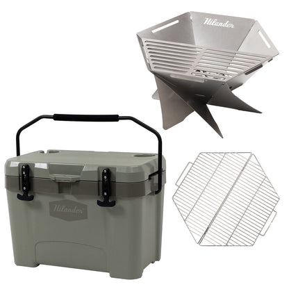 【お得なセット】ハイランドクーラーボックス25L＋焚き火台 六花（りっか）梯形五徳付き＋専用ステンレス網３点セット