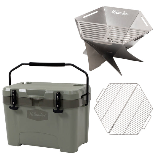 【お得なセット】ハイランドクーラーボックス25L＋焚き火台 六花（りっか）梯形五徳付き＋専用ステンレス網３点セット