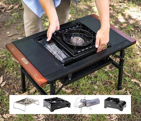フォールディングバーナーデッキ（別売）を取り付ければ、人気のカセットコンロやシングルバーナーのインストールも可能